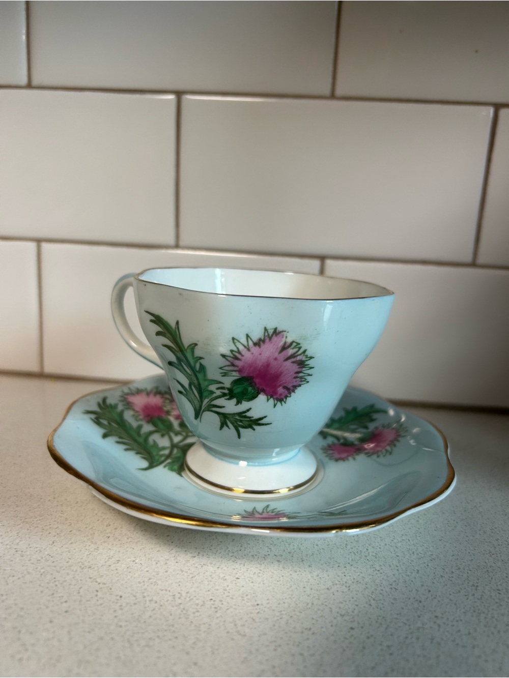 Vintage Floral Pink Thistle Teacup & Saucer Set with Gold Trim